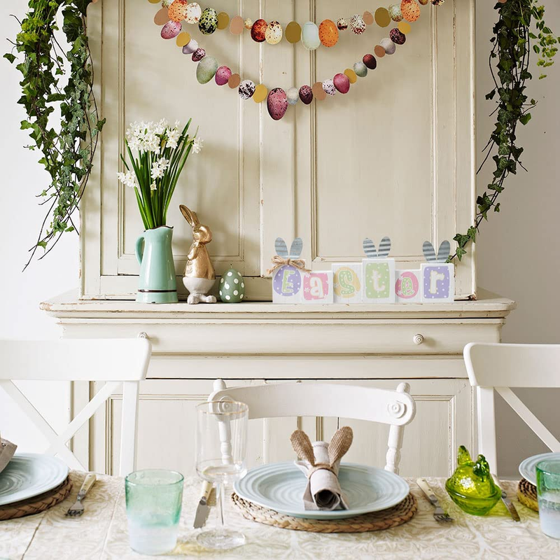 Easter Decorations for the Home, Hogardeck Easter Bunny Table Decor Rustic Wood Sign, Colorful Wooden Block Signs with Metal Bunny Ears Jute Bow Dots Table Centerpiece Farmhouse Decor for Party Fireplace Tiered Tray Home & Garden > Decor > Seasonal & Holiday Decorations hogardeck   