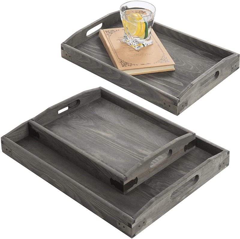 MyGift Vintage Grey Wood Serving Trays with Brass Metal Wrap Accents, Set of 3 Home & Garden > Decor > Decorative Trays MyGift   