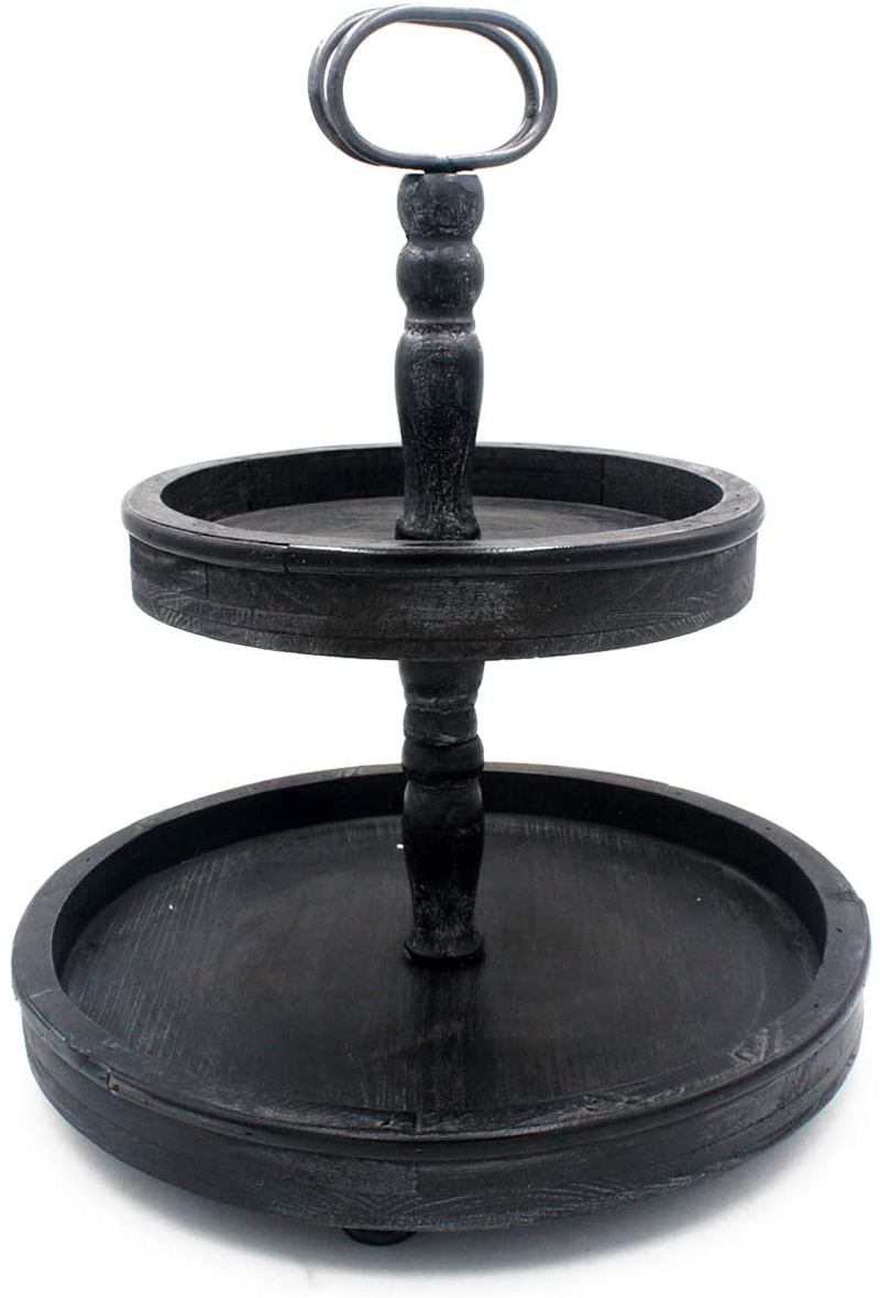 Funly mee Distressed Rustic Black Wood Two-Tier Tray with Metal Handle,Decorative Organizer for Kitchen Counter Top, Dining Room Table(Black) Home & Garden > Decor > Decorative Trays Funly mee Black  
