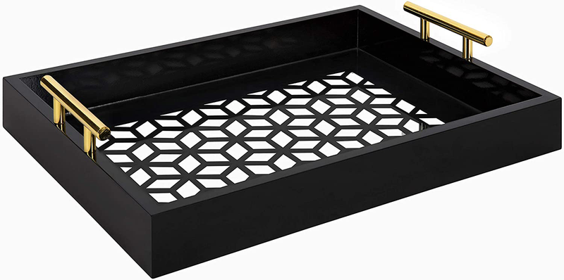 Kate and Laurel Caspen Rectangle Cut Out Pattern Decorative Tray with Gold Metal Handles, 16.5" x 12.25", Black and Gold Home & Garden > Decor > Decorative Trays Kate and Laurel Black  