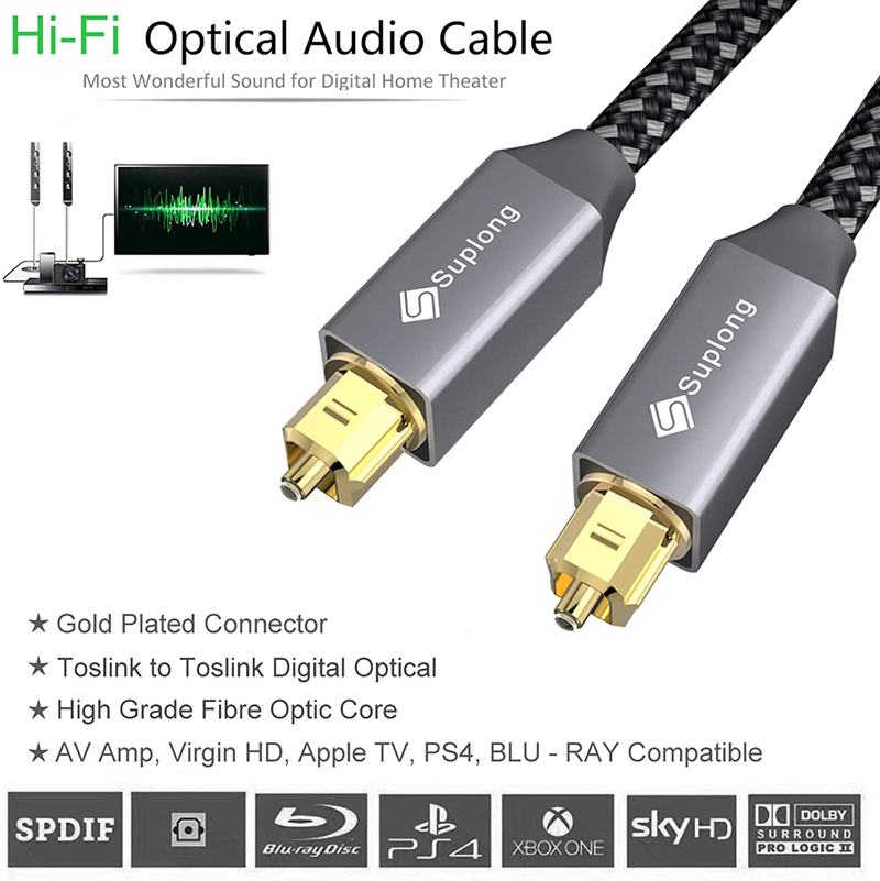 Digital Optical Audio Cable [1.8M/6ft] - Suplong Toslink Cable 24K Gold-Plated Ultra-Durability Superior Picture&Sound for [S/PDIF] LG/Samsung/Sony/Philips Sound Bar,Smart TV,Home Theater,PS4,Xbox Electronics > Electronics Accessories > Cables Suplong   