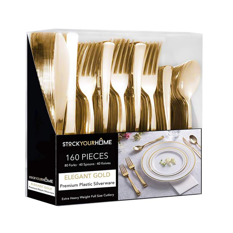 Gold Plastic Cutlery Set 160 Pack Disposable Silverware - 80 Forks, 40 Knives, 40 Spoons - For Catering, Parties, Dinners, Weddings, and Everyday Use Home & Garden > Kitchen & Dining > Tableware > Flatware > Flatware Sets Stock Your Home 160 Count  