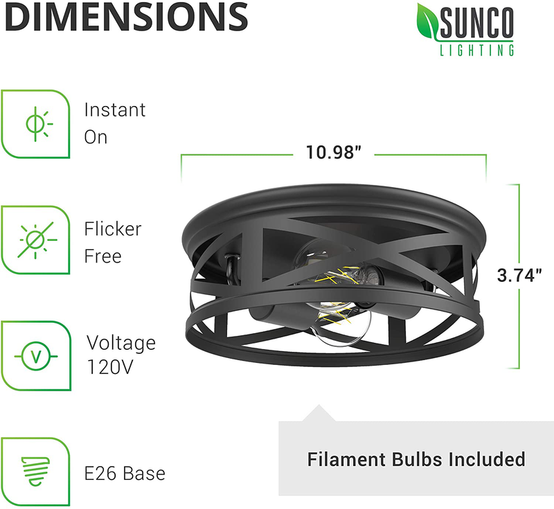Sunco Lighting 2 Pack Industrial Ceiling Fixture, Anti-Corrosive Matte Black, Outdoor Flush Mount Ceiling Light, Metal Pendant, Dimmable Filament LED Bulbs Included, Ideal for Entryway, Foyer, Bedroom Home & Garden > Lighting > Lighting Fixtures > Ceiling Light Fixtures Sunco Lighting   