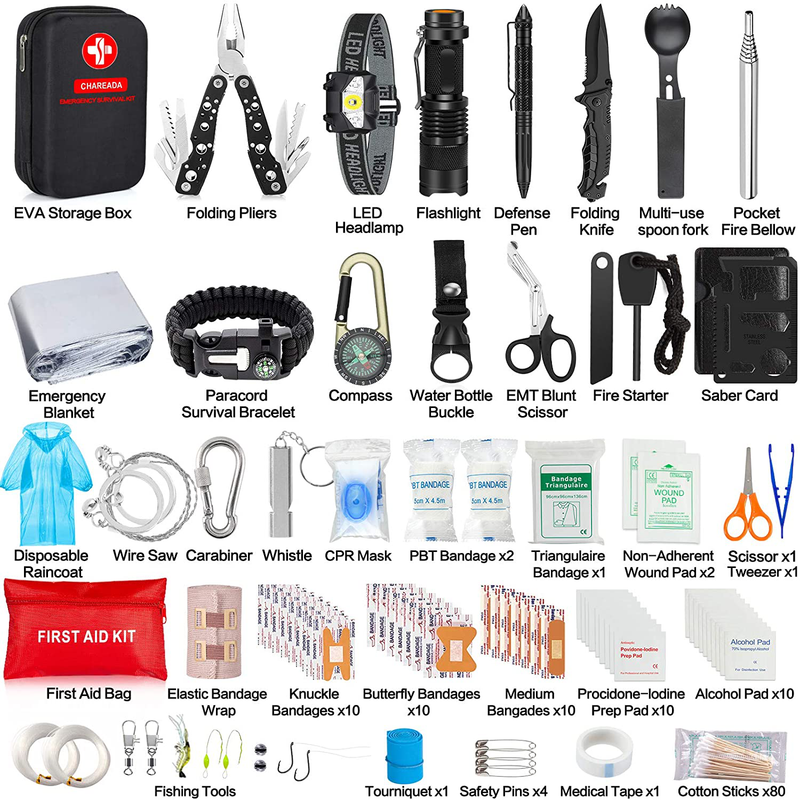 Emergency Survival Kit 176Pcs Gifts for Men Dad Husband Survival Gear Tool Kit Survival Tool Emergency Blanket Tactical Pen Pliers for Wilderness Camping Hiking First Aid for Earthquake Sporting Goods > Outdoor Recreation > Camping & Hiking > Camping Tools CHAREADA   