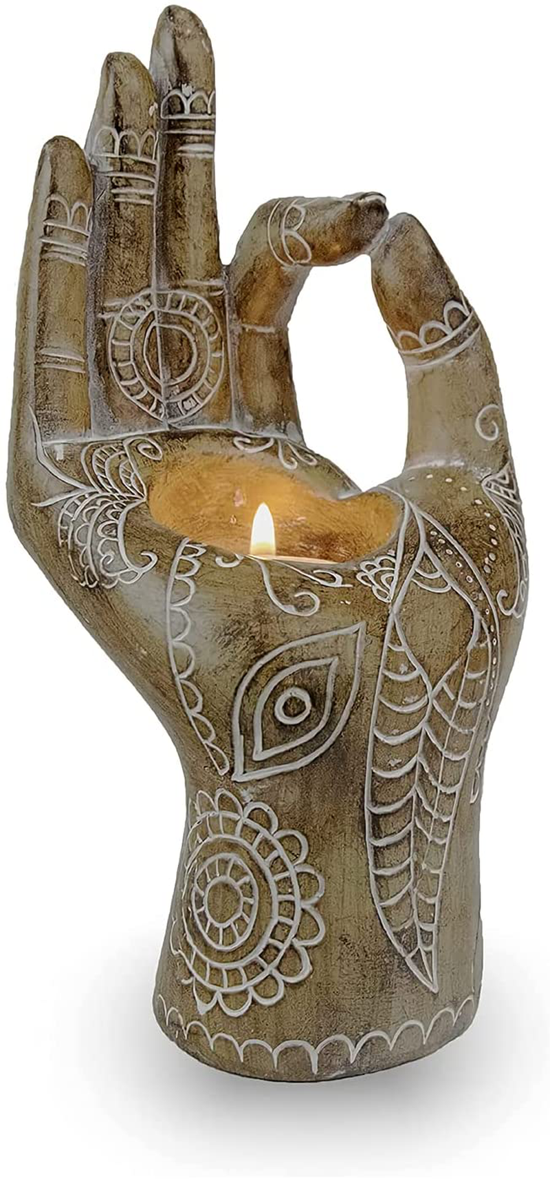 FLJZCZM Meditation Decor - Buddha Candle Holder Mudra Hand Decor Statues Home Office Collectible Figurines ，Resin Retro Small Tealight Lights for Meditation Relaxing Gift (Wooden)
