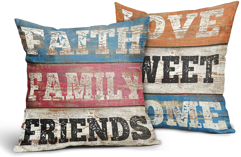 Granbey 2PCS Retro Colorful Wooden Printed Pillow Cover Faith Family Friends Pillow Cushion Cover Love Sweet Home Throw Pillow Covers Fashion Home Decor Sofa Pillowcases Great Gift 18X18 In Home & Garden > Decor > Chair & Sofa Cushions Granbey   