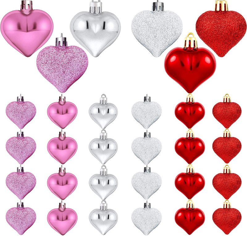 Emopeak Romantic Heart Ornaments for Valentine Tree, 24 Pieces Valentine'S Day Heart Baubles - 2 Styles (Glossy, Glitter) 3 Color - Hanging Decorations for Home Wedding Party Home & Garden > Decor > Seasonal & Holiday Decorations Emopeak Pink/Silver/Red 1.7"/4.5CM 
