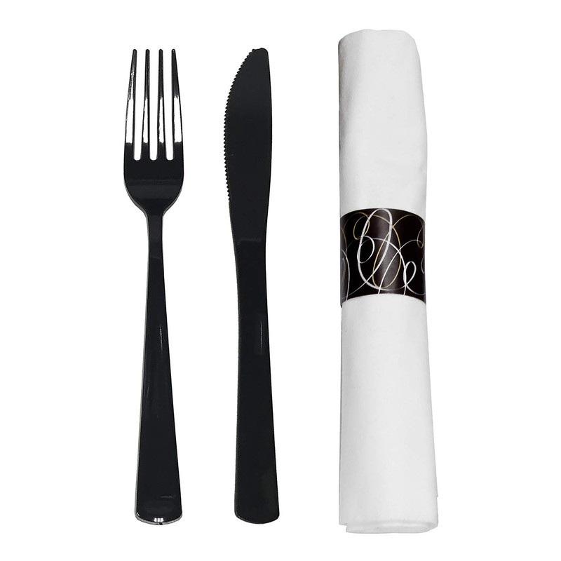 Party Essentials - N501732 Extra Heavy Duty Cutlery Kit with Black Fork/Knife/Spoon and 3-Ply White Napkin (Case of 300 rolls) Home & Garden > Kitchen & Dining > Tableware > Flatware > Flatware Sets NorthWest Enterprises Black  