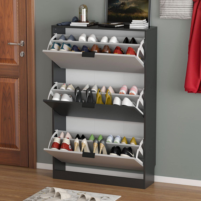 FAMAPY Modern Shoe Storage Cabinet with 3 Compartments, Wood Shoe Organizer, Adjustable, for Entryway Hallway, Grey-Black (31.5”W X 9.4”D X 49.2”H) Furniture > Cabinets & Storage > Armoires & Wardrobes FAMAPY   