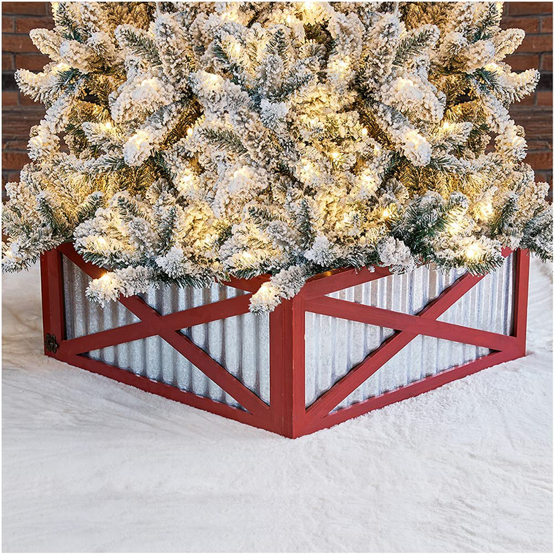 glitzhome Galvanized Corrugated Metal & Wooden Tree Collar Tree Stand Cover Christmas Tree Skirt Tree Box, 26" L X 26" W