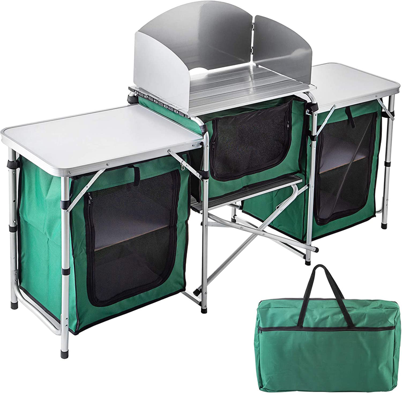 Folding Cooking Table with Storage Organizer and Windscreen, Aluminum Camping Kitchen Quick Set-Up and Lightweight, Outdoor Portable Cook Station for BBQ, Party, Camping