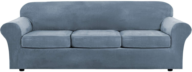 Modern Velvet Plush 4 Piece High Stretch Sofa Slipcover Strap Sofa Cover Furniture Protector Form Fit Luxury Thick Velvet Sofa Cover for 3 Cushion Couch, Machine Washable(Sofa,Peacock Blue) Home & Garden > Decor > Chair & Sofa Cushions H.VERSAILTEX Stone Blue X-Large 