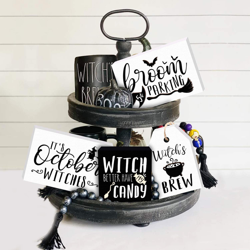 Huray Rayho Halloween Witches Tiered Tray Decorations Rustic Halloween Poison Candy Bar Signs Vintage Black and White Rae Dunn Decor Farmhouse Autumn Fall Supplies Set of 4 Home & Garden > Decor > Decorative Trays Huray Rayho   