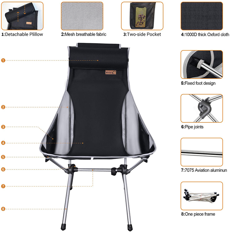 Nicec Ultralight High Back Folding Camping Chair, Upgrade with Removable Pillow, Side Pocket & Carry Bag, Compact & Heavy Duty for Outdoor, Camping (Set of 1 Black) Sporting Goods > Outdoor Recreation > Camping & Hiking > Camp Furniture Nice C   