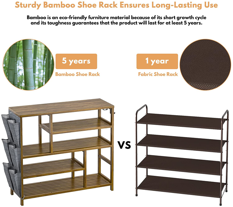Homykic Shoe Rack for Entryway, 5-Tier Bamboo Boots Shoes Storage Shelf Organizer Free Standing Table with Slippers Pockets and Hooks for Closet, Front Door, Hallway, Living Room, Mudroom, Walnut Furniture > Cabinets & Storage > Armoires & Wardrobes Homykic   