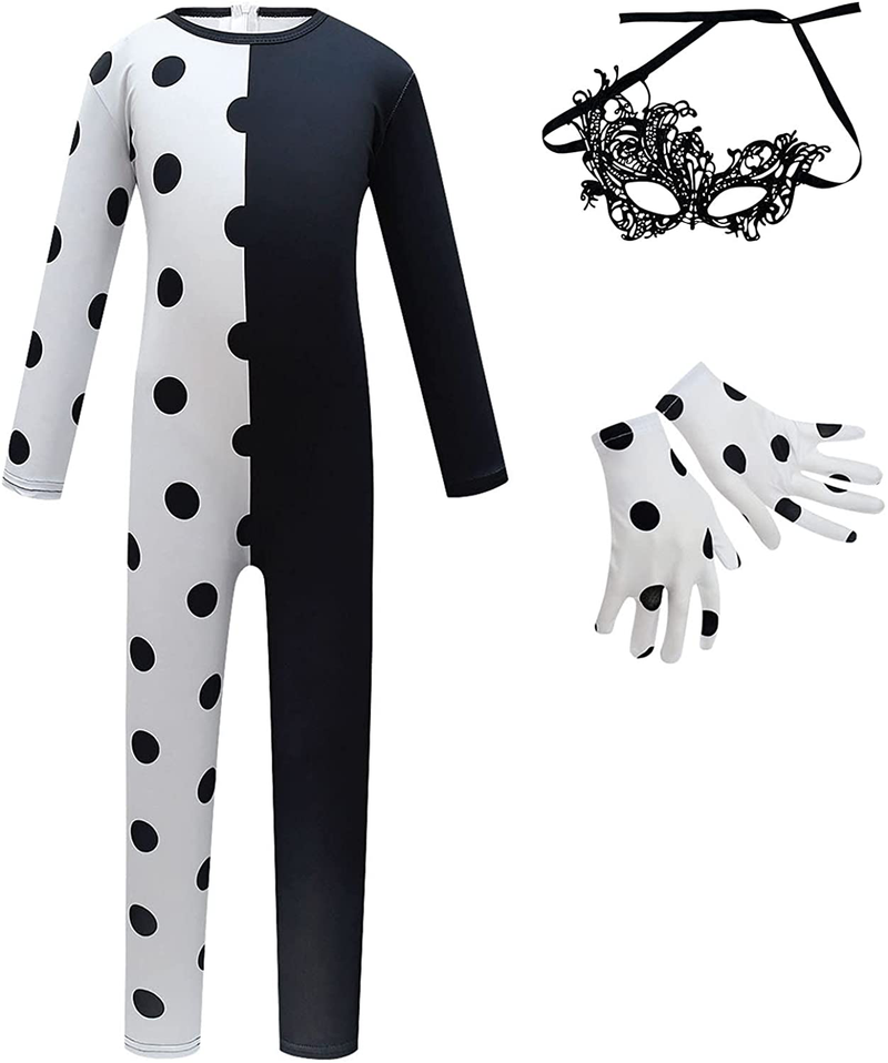 Kids Teens Girls Cruella Deville Costume Halloween Fashion Cloak Cosplay Dress with Gloves Age 5-15 Apparel & Accessories > Costumes & Accessories > Costumes Fayyyykids Cruella Deville 03 140(6-8) 