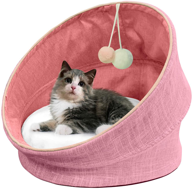 SAVFOX Cute Cat Bed Elevated Collapsible Covered Capsule Cave Tent, Self-Heated Removable Cushion Machine Washable Anti-Slip Bottom Bed House with Danging Cat Toy for Kitty Puppy Rabbit (18'' X 18'') Animals & Pet Supplies > Pet Supplies > Cat Supplies > Cat Beds SAVFOX Pink  