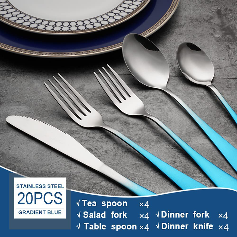 Silverware Set 20 Piece Stainless Steel Flatware Cutlery Set Utensils Service for 4 Include Knives Forks Spoons Dishwasher Safe(Gradient Blue)
