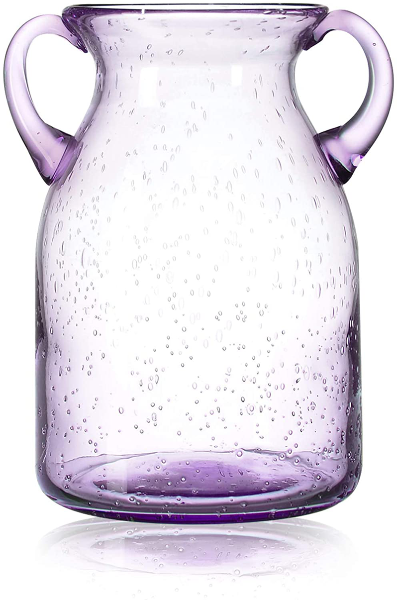 QUECAOCF Elegant Flower Glass Vase with Handle, Handmade Double Ear Air Bubbles Glass Vase for Centerpiece Home and Wedding Indoor and Outdoor Decorative Home & Garden > Decor > Vases Sheng Litong Purple Medium 