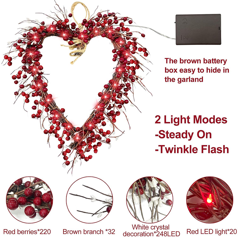 TURNMEON Prelit 16 Inch Heart Valentines Wreath Front Door Decorations Valentines Lights 20 LED Battery Operated 220 Red Berries 248 White Seeds Valentines Day Decor Indoor Home Outdoor Party