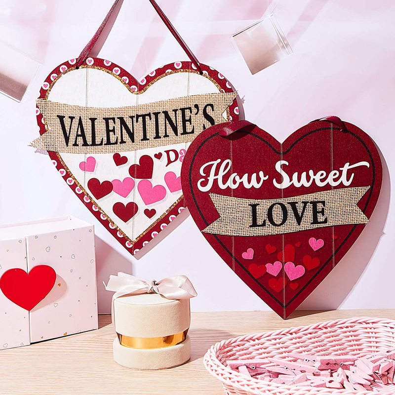 Patelai 2 Pieces Valentine'S Day Wooden Sign Decoration Heart Shape Wall Plaque Valentine'S Heart Wall Sign Decoration Red Heart Hanging Sign for Table Window Door Wall Decor