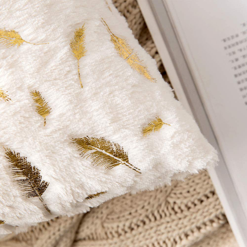 MIULEE Pack of 2 Decorative Throw Pillow Covers Plush Faux Fur with Gold Feathers Gilding Leaves Cushion Covers Cases Soft Fuzzy Cute Pillowcase for Couch Sofa Bed, 18 X 18 Inch, Ivory Home & Garden > Decor > Chair & Sofa Cushions MIULEE   