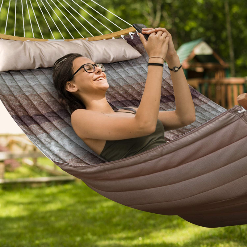 Double Hammock Indoor and Outdoor Hammock w/Foldable Bar & Detachable Pillow, Durable & Easy to Maintain Quilted Fabric, Curved Bar Design Ensures Comfort and Safety Home & Garden > Lawn & Garden > Outdoor Living > Hammocks Bathonly   