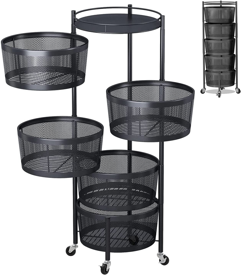 Rack-Rotating Vegetable Rack Floor-Standing Rotating Storage Shelf Stand round Multi-Layer Kitchen Trolley 5 Tier Household Organizer with Wheels for Bathroom Living Room Bedroom (Black) Home & Garden > Kitchen & Dining > Food Storage IKESOMUE Black Round 5 Tier 