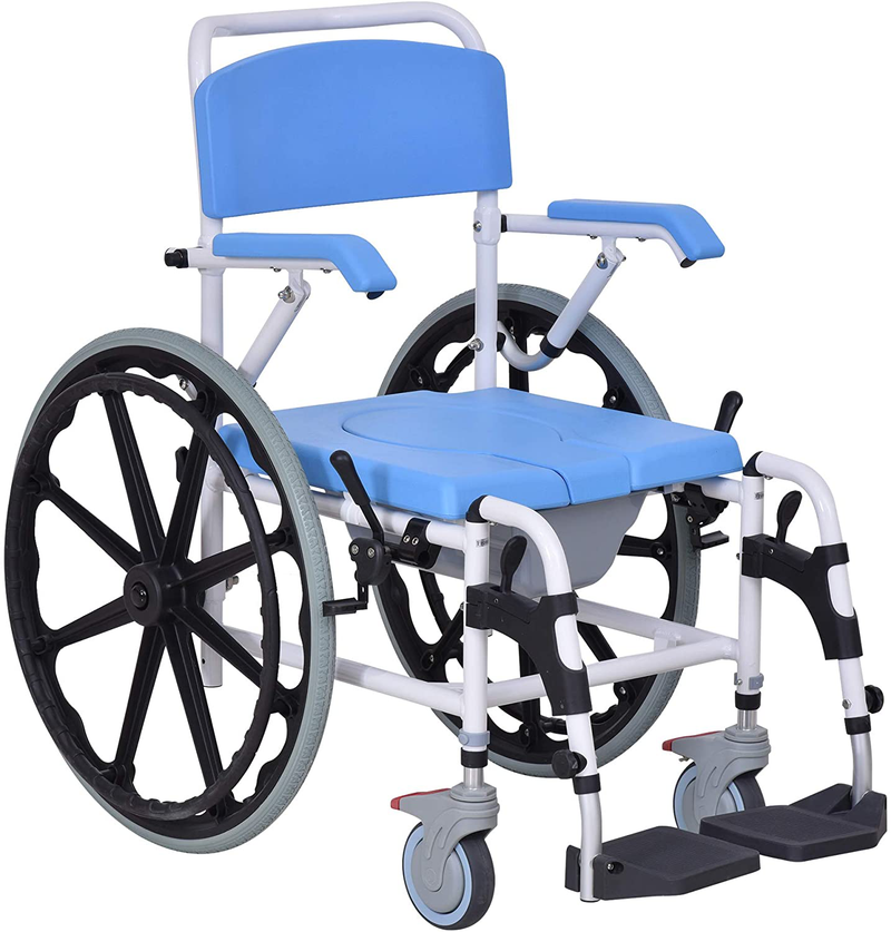 Homcom Rolling Shower Wheelchair Bath Toilet Commode Bariatric with 24" Wheels, Detachable Bucket & Shower-Proof Design, Black Sporting Goods > Outdoor Recreation > Camping & Hiking > Portable Toilets & Showers Aosom LLC Blue, White  