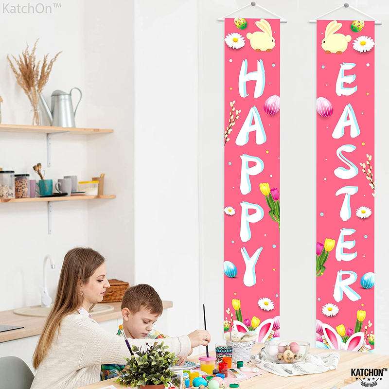 Large, Welcome Happy Easter Banner - 72X12 Inch | Bunny Easter Decorations Outdoor Indoor | Rabbit Spring Banner for Easter Hanging Decorations | Welcome Easter Party Decorations for Indoor, Outdoor Home & Garden > Decor > Seasonal & Holiday Decorations KatchOn   