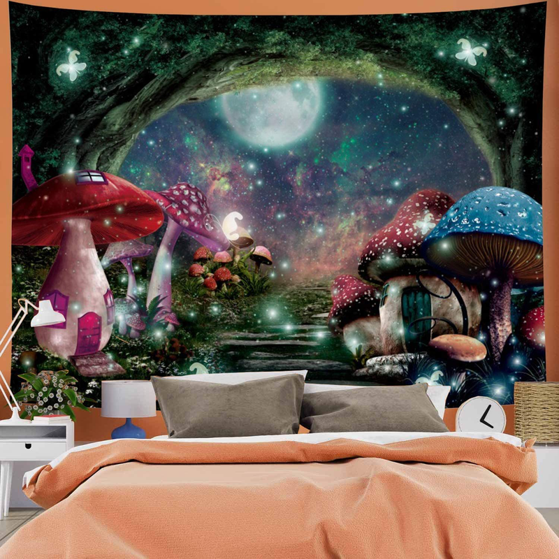 Psychedelic Mushroom Castle Tapestry Galaxy Moon Stars Tapestry Mysterious Forest Tree Tapestry Fantasy Fairy Tale Tapestry Wall Hanging for Bedroom Home & Garden > Decor > Artwork > Decorative Tapestries G.Will moon mushrooms 92.5" × 70.8" 