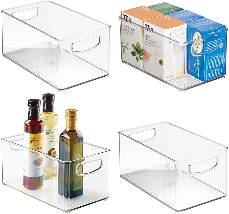 Mdesign Plastic Kitchen Organizer - Storage Holder Bin with Handles for Pantry, Cupboard, Cabinet, Fridge/Freezer, Shelves, and Counter - Holds Canned Food, Snacks, Drinks, and Sauces - 4 Pack - Clear