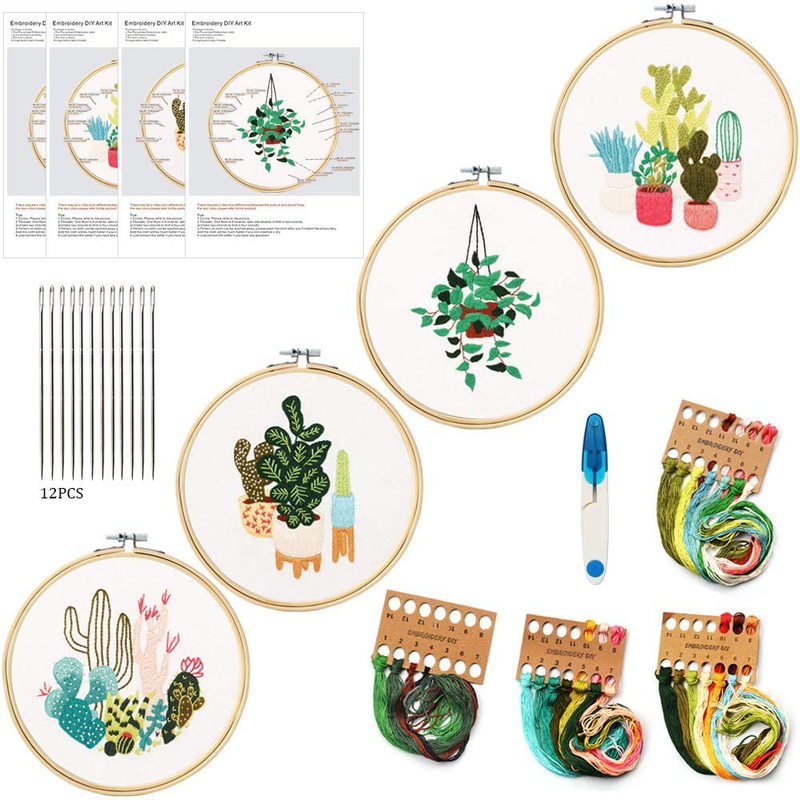 Embroidery Kit for Beginners,4 Pack Cross Stitch Kits, 2 Wooden Embroidery Hoops,1 Scissors,Needles and Color Threads,Needlepoint Kit for Adult (Cactus Plant) Arts & Entertainment > Hobbies & Creative Arts > Arts & Crafts > Art & Crafting Tools > Craft Measuring & Marking Tools > Stitch Markers & Counters Uoueze Cactus plant  