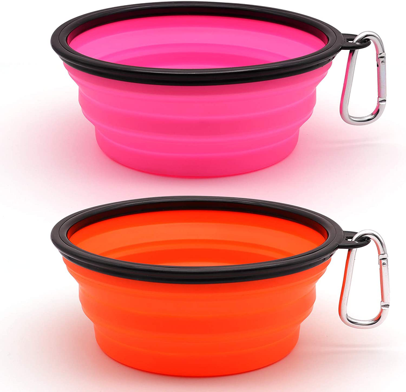 SLSON Collapsible Dog Bowl, 2 Pack Collapsible Dog Water Bowls for Cats Dogs, Portable Pet Feeding Watering Dish for Walking Parking Traveling with 2 Carabiners Animals & Pet Supplies > Pet Supplies > Dog Supplies SLSON Orange+Pink Large 