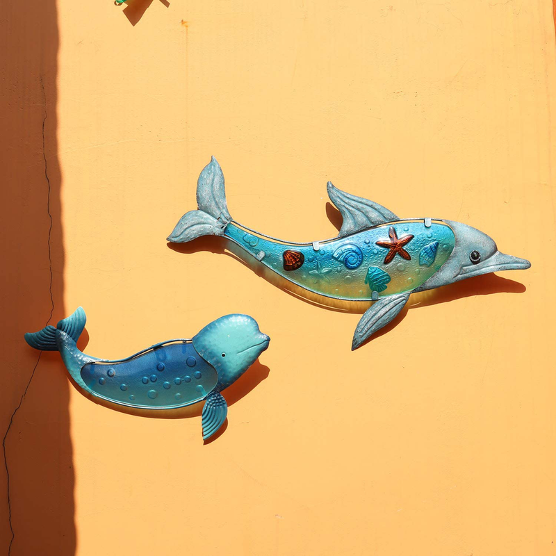 Liffy Metal Dolphin Wall Decor Outdoor Glass Art Hanging Sea Sculpture Blue Fish Decorations for Pool, Patio or Bathroom Home & Garden > Decor > Artwork > Sculptures & Statues LIFFY   