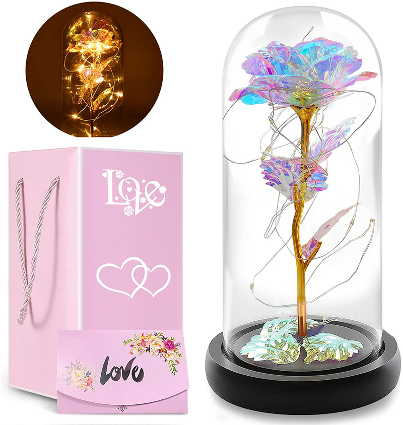 Gifts for Women,Valentines Day Gifts for Her Women Mom Grandma, Colorful Artificial Galaxy Flower Rose W/Led Lamp in Glass Dome Gifts for Christmas Birthday Valentine'S Day Mother'S Day Anniversary Home & Garden > Decor > Seasonal & Holiday Decorations Wareon   