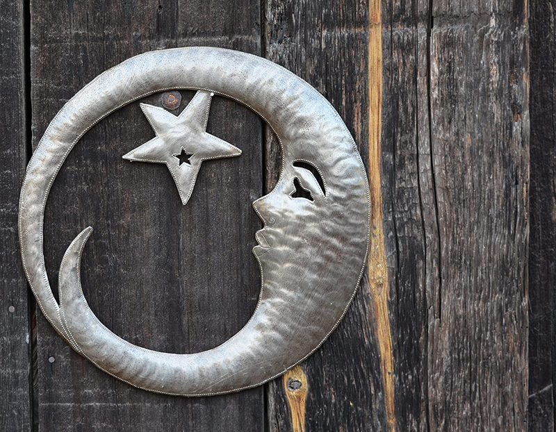 Crescent Moon with Star Wall Hanging Decorative Sculpture, Outdoor Home Decor, Handmade from Recycled Steel Barrels 15 x 15 Inches