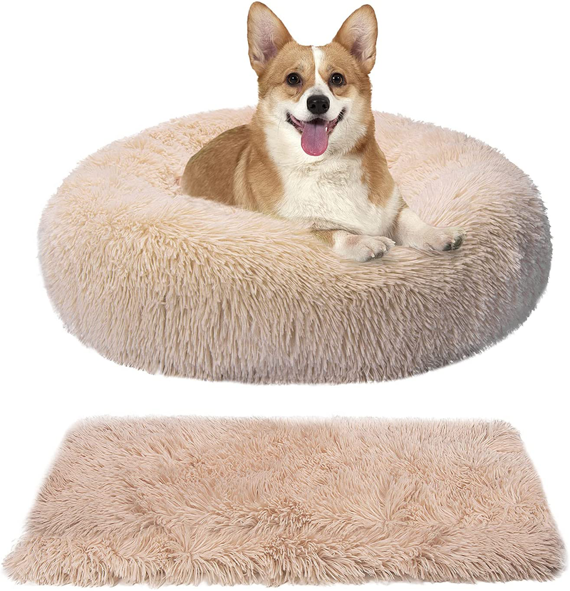 Jaten Calming Dog Beds for Medium Dogs with Blanket, Faux Fur Cat Beds Donut Cuddler, Comfy Self Warming Pet Bed Fits up to 35 Lbs Pets, Apricot  JATEN Apricot 32"x24" 