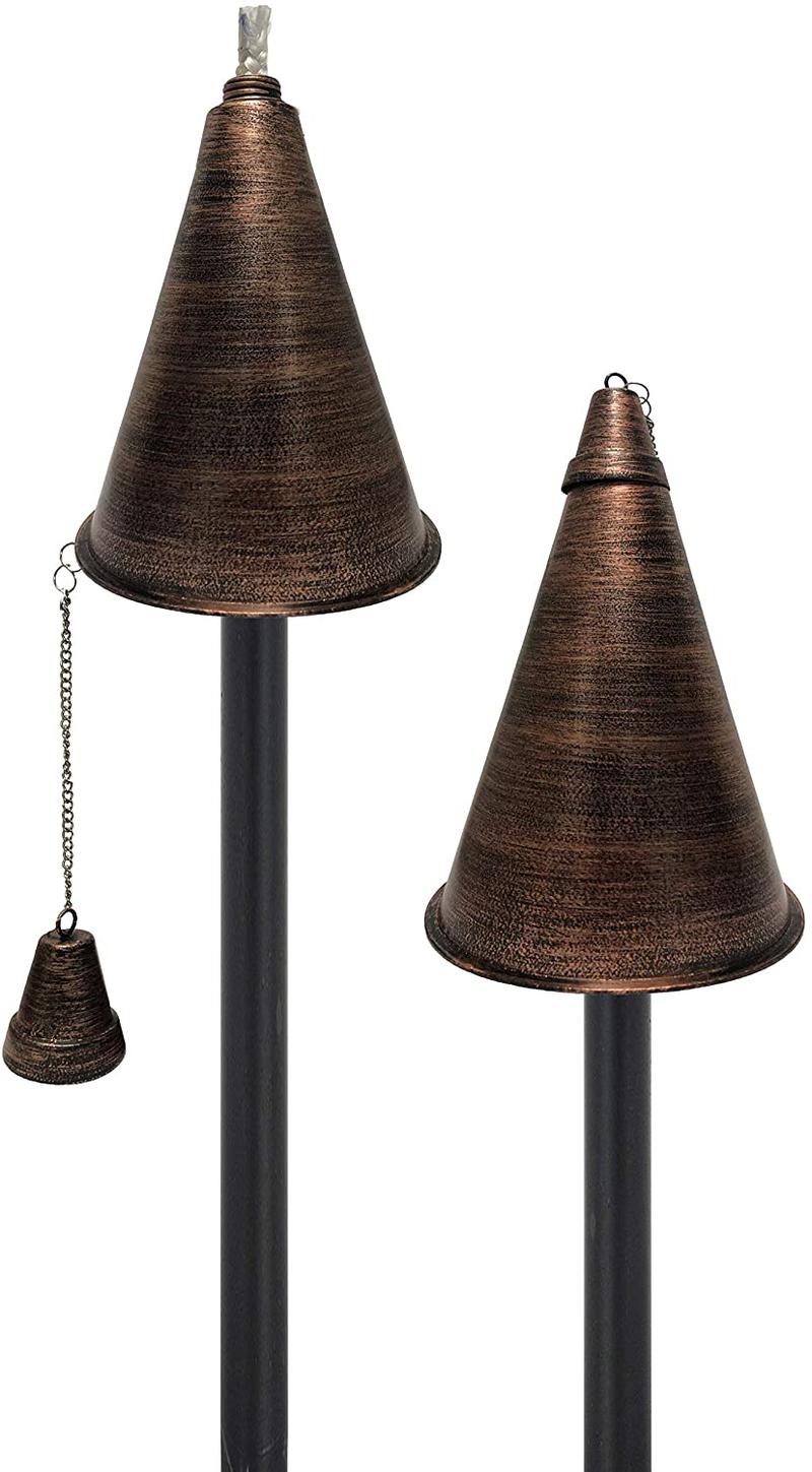 Legends Direct Set of 4, Premium Metal Torches Outdoor, 53" Tall - Tiki Style/w Snuffer, Fiberglass Wick & Large 35oz Oil Lamp Deck Torch for Patio, Outdoor, Lawn and Garden (Hammered Black) Home & Garden > Lighting Accessories > Oil Lamp Fuel Legends Direct Brushed Bronze 2 