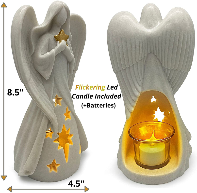 OakiWay Memorial Gifts - Star Angel Figurines Tealight Candle Holder, Sympathy Gifts for Loss of Loved One, W/ Flickering Led Candle, Bereavement, Grief, Funeral, Remembrance, Memory Home Decorations