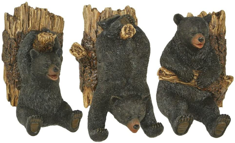 Marco Set of Three Resin Black Bear and Tree Trunk Wall Hooks -Lodge Decor