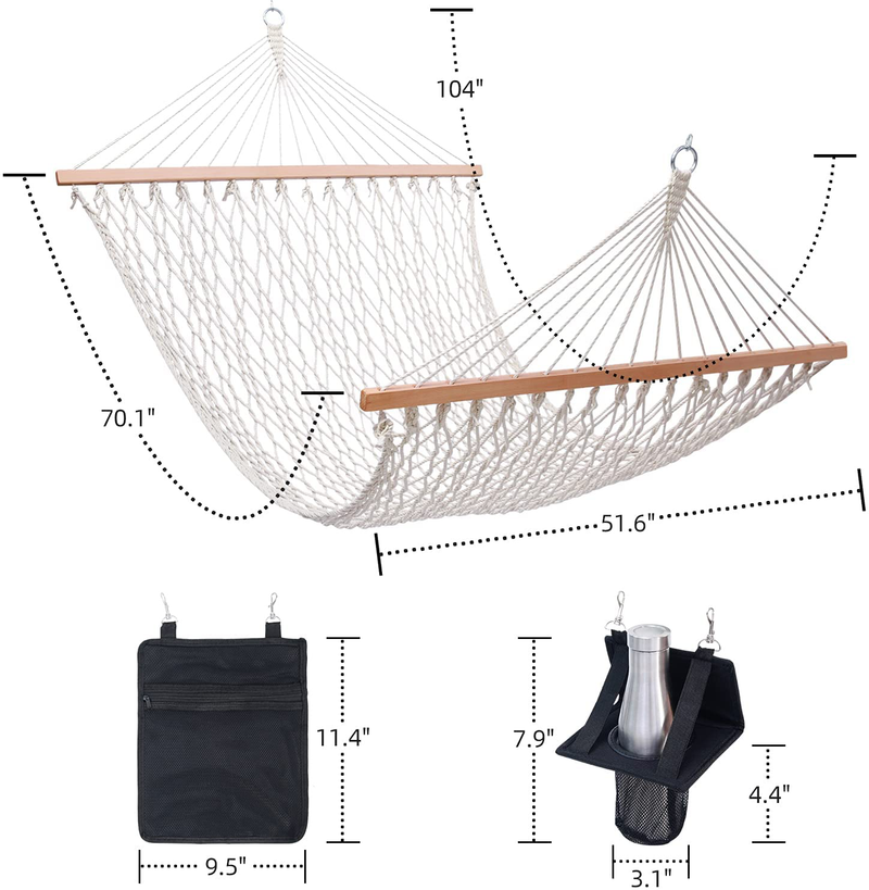 Cotton Rope Hammock with Tree Straps Kit, Ohuhu Double Hammocks for Outside with Wood Spreader, Bottle Holder & Side Pocket, All-in-One 2-Person Hammock for Indoor Outdoor, Garden Patio Yard Balcony