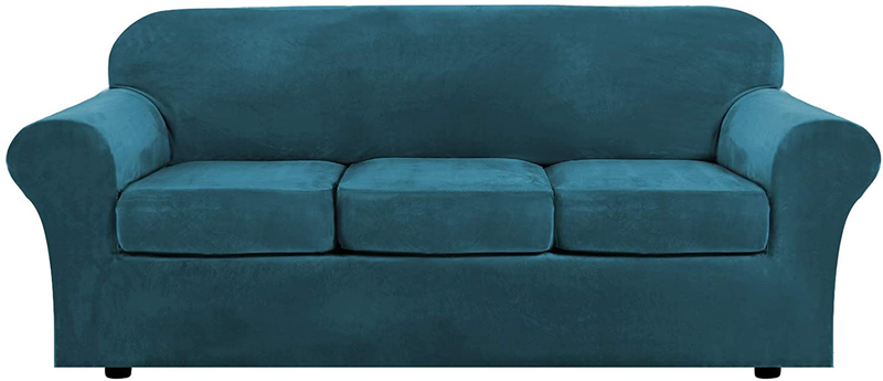 Modern Velvet Plush 4 Piece High Stretch Sofa Slipcover Strap Sofa Cover Furniture Protector Form Fit Luxury Thick Velvet Sofa Cover for 3 Cushion Couch, Machine Washable(Sofa,Peacock Blue) Home & Garden > Decor > Chair & Sofa Cushions H.VERSAILTEX Deep Teal Large 