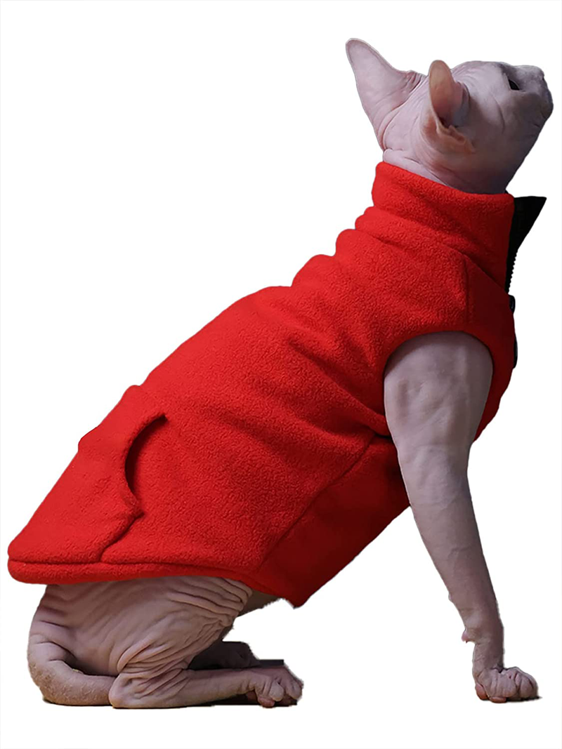 Sphynx Hairless Cat Clothes Autumn Winter Fashion Solid Color Zipper Coat Sleeveless High Collar Soft Faux Fur Sweater Outfit with Pocket Animals & Pet Supplies > Pet Supplies > Cat Supplies > Cat Apparel WQCXYHW Red XXL(11-15lbs) 