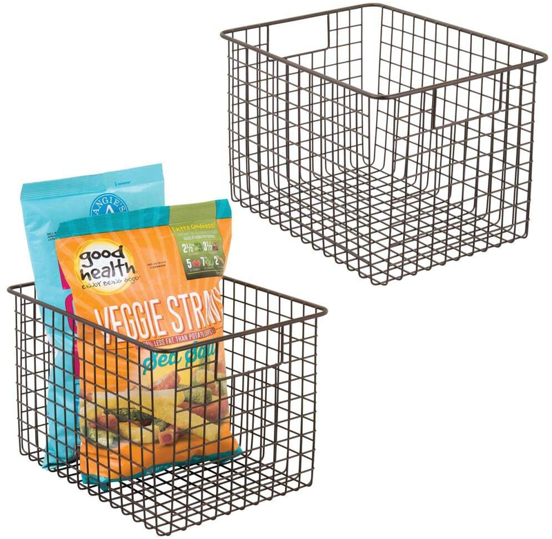 mDesign Farmhouse Decor Metal Wire Food Storage Organizer, Bin Basket with Handles for Kitchen Cabinets, Pantry, Bathroom, Laundry Room, Closets, Garage - 12" x 9" x 8" - 2 Pack - Bronze