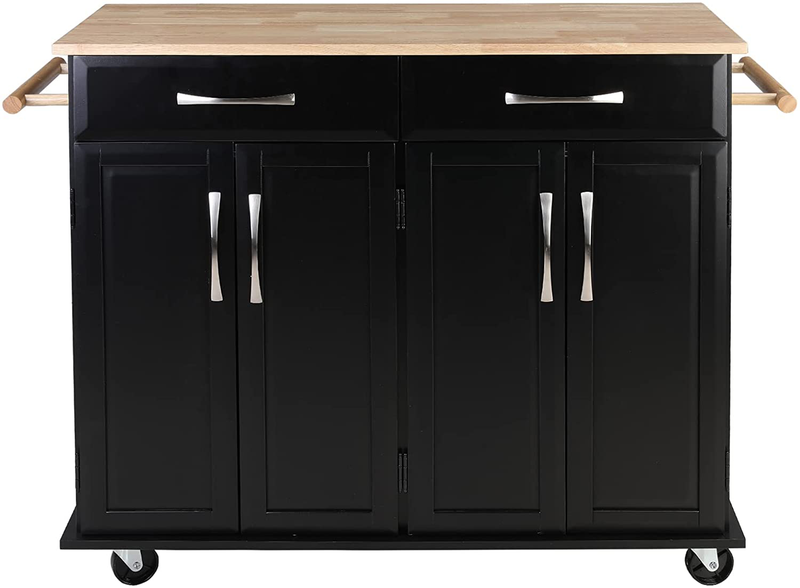 Kitchen Island with Drawers and Large Storage Cabinet, Rolling Kitchen Cart with Adjustable Shelves, Lockable Casters, Rubber Wood Countertop, Easy to Assembly, Black Home & Garden > Kitchen & Dining > Food Storage FZsenrui Black  