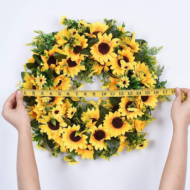 Lvydec Artificial Sunflower Summer Wreath - 16 Inch Decorative Fake Flower Wreath with Yellow Sunflower and Green Leaves for Front Door Indoor Wall Décor Home & Garden > Plants > Flowers KOL DEALS   