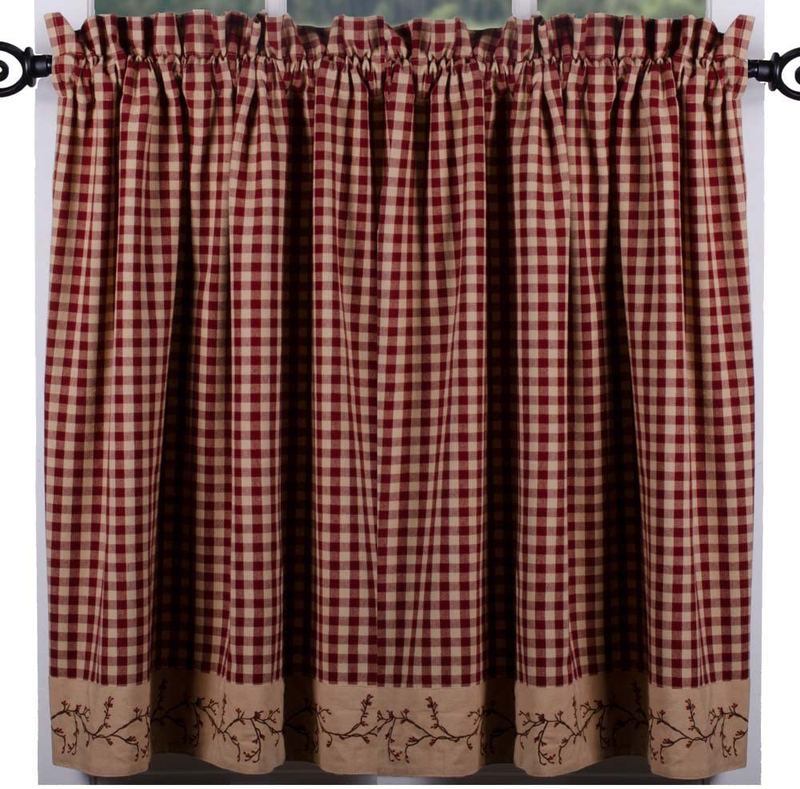 Primitive Home Decors Berry Vine Check Barn Red and Nutmeg 72" x 24" Lined Cotton Curtain Tiers