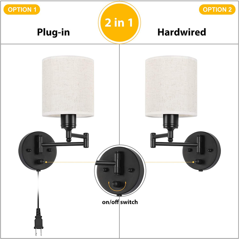 HAITRAL Swing Arm Wall Lamps 2 Pack - Plug in Wall Lamps with Linen Shade& Black Metal, Plug In& Hardwire Modern Wall Lamps for Bedside, Farmhouse, Kitchen, Bedroom(Bulb Is Not Included) Home & Garden > Lighting > Lighting Fixtures > Wall Light Fixtures KOL DEALS   