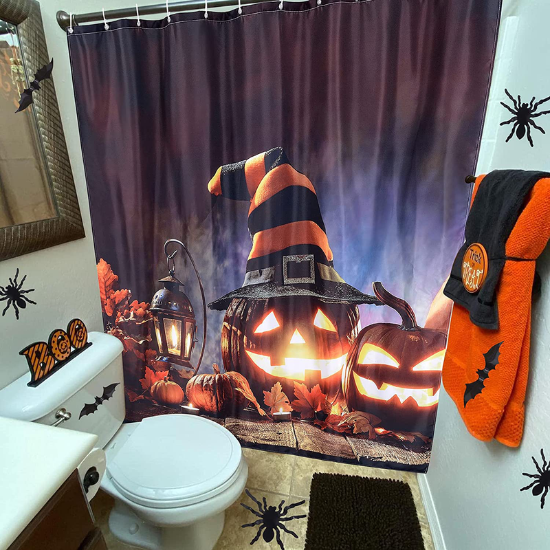 RoomTalks Halloween Spooky Shower Curtain Horror Pumpkin Wearing Witch Hat Haunted Scary Shower Curtain Sets Vintage Rustic Halloween Bathroom Decor (72''W x 72''L, Orange) Arts & Entertainment > Party & Celebration > Party Supplies RoomTalks   